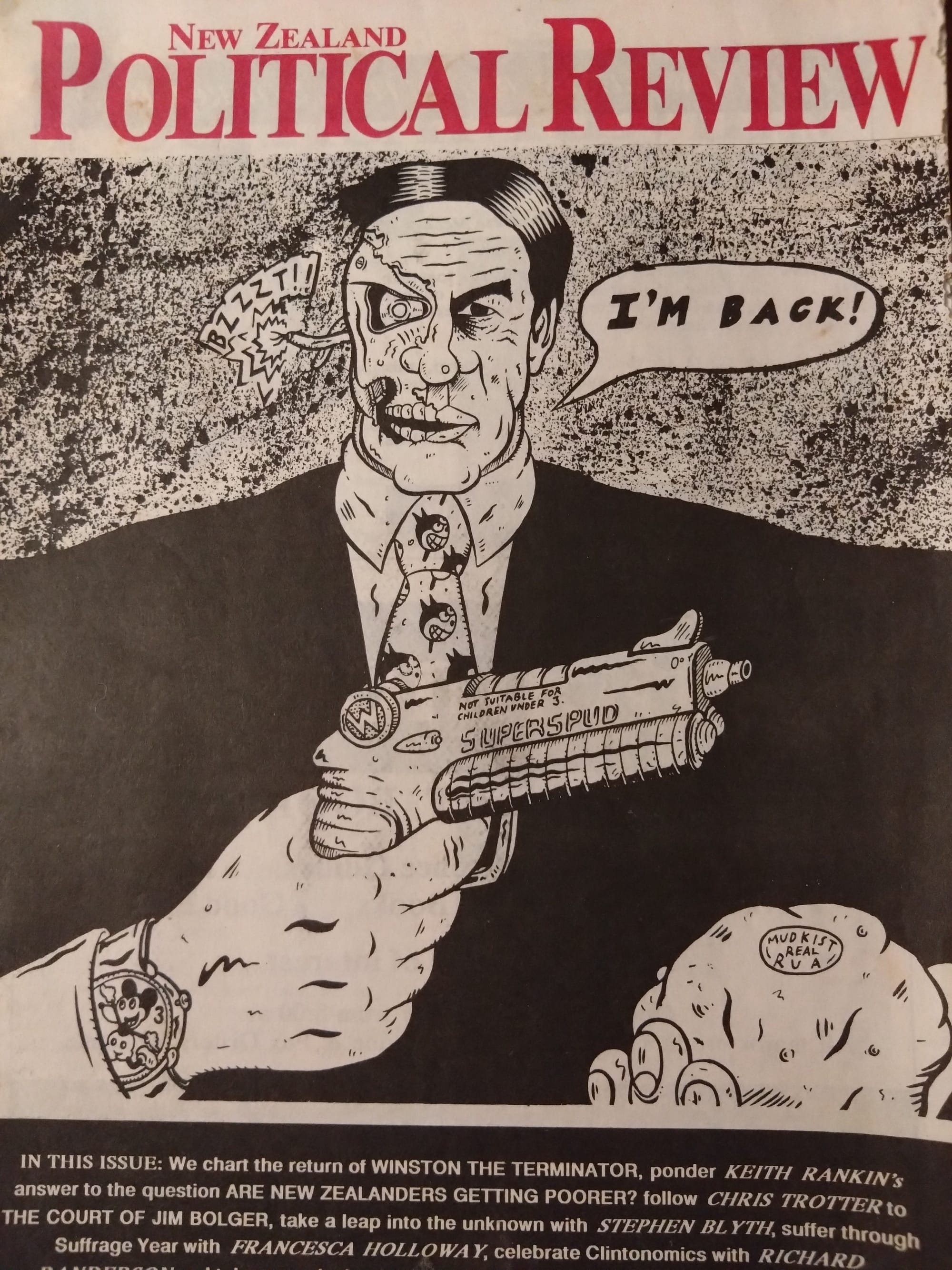 NZ Political Review cover, May/ June 1993 edition, with a scary cartoon picture of Winston Peter's saying "I'm back!" 