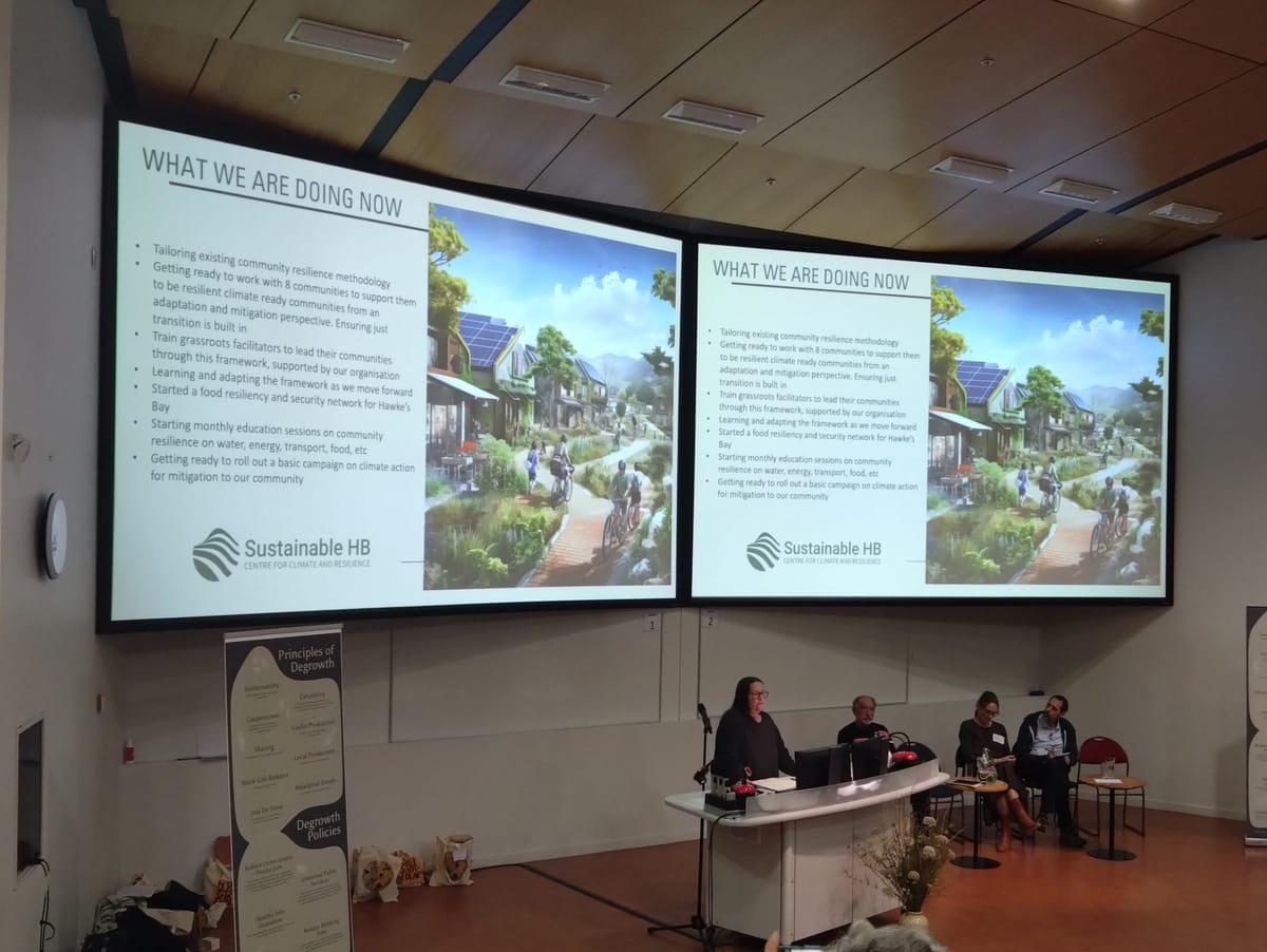 Emma Hogan-Heke, Sustaining Hawke’s Bay presenting with slides about lessons from Cyclone Gabriel flood recovery..